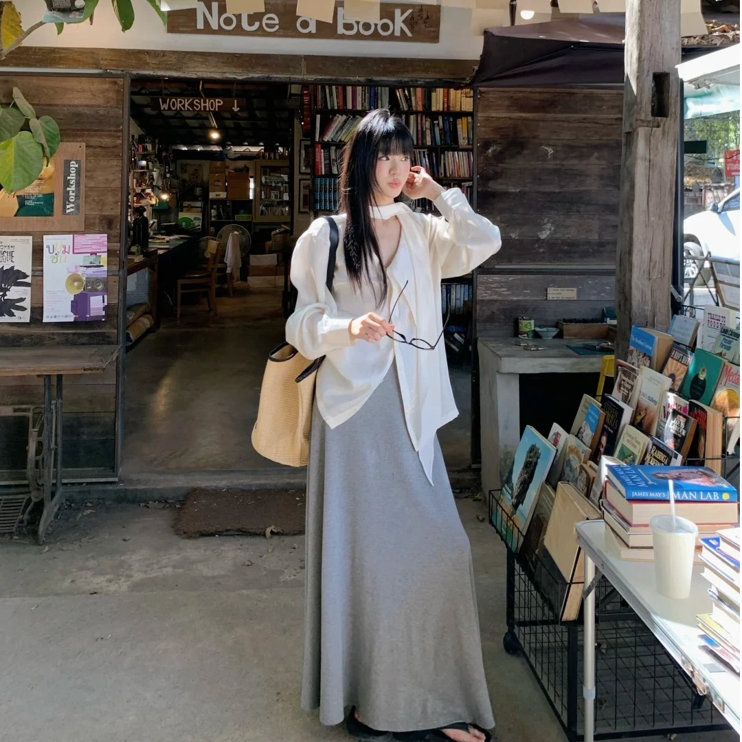 2025春季设计感飘带白色衬衣慵懒简约高级感时尚气质百搭长袖衬衫