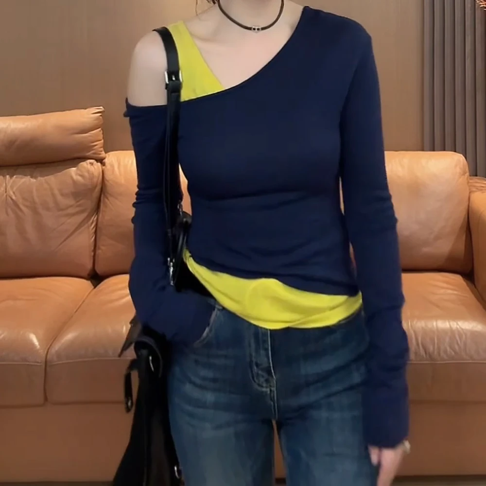 【伯斯尤物】春季上新气质时尚百搭拼接假两件露肩修身显瘦长袖T恤