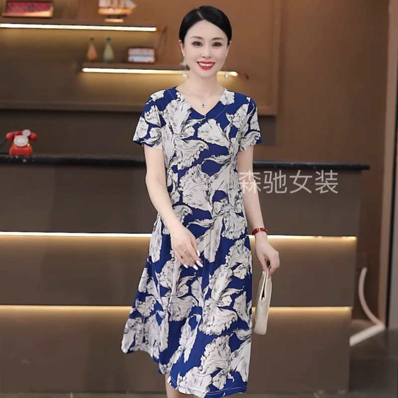 新款夏季妈妈装短袖宽松显瘦有口袋时尚气质碎花连衣裙洋气过膝款