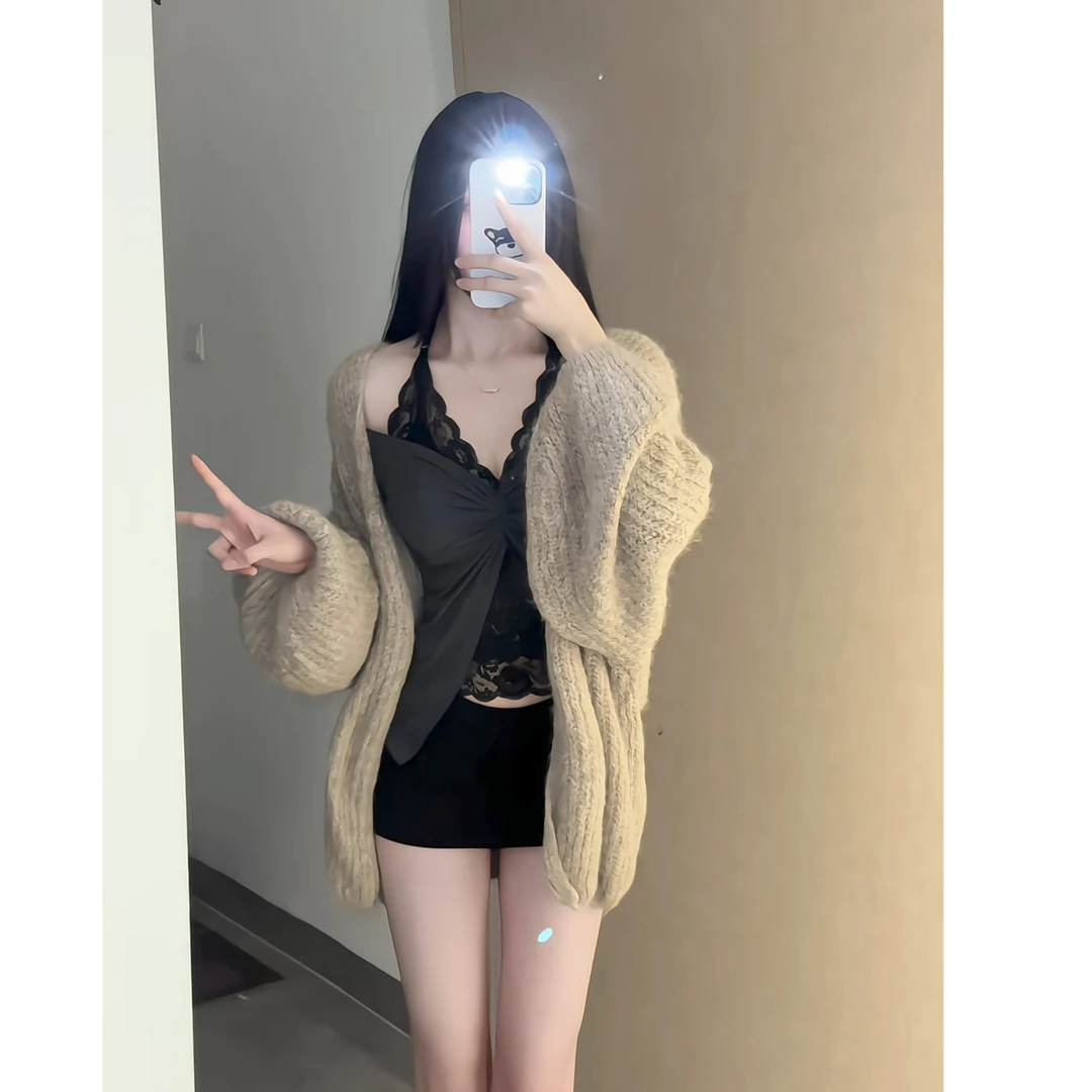 纯欲辣妹蕾丝拼接纽结V领长袖上衣女显瘦短裙毛衣开衫秋季三件套