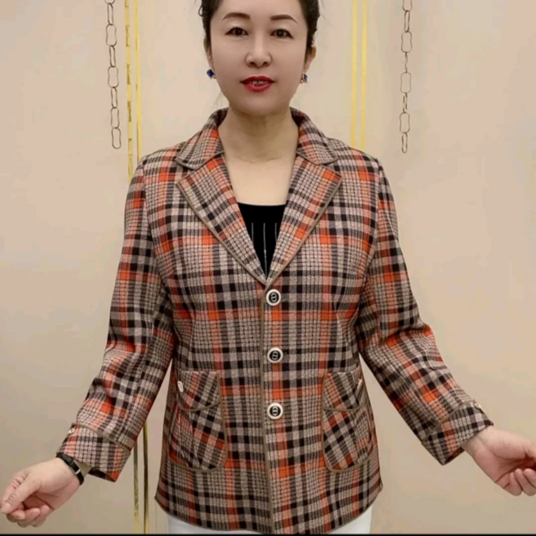 《专柜品质》春季新款气质时尚休闲格子无里衬西服经典妈妈外套5