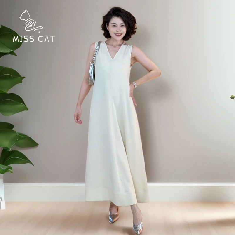 FELINE早呀猫小姐2025夏季无袖长裙醋酸裙显瘦连衣裙V领气质