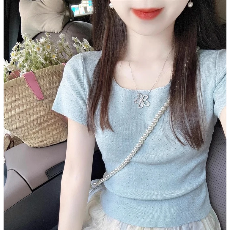 纯欲蓝色冰丝小飞袖上衣女薄款夏季小个子短款修身针织衫短袖t恤