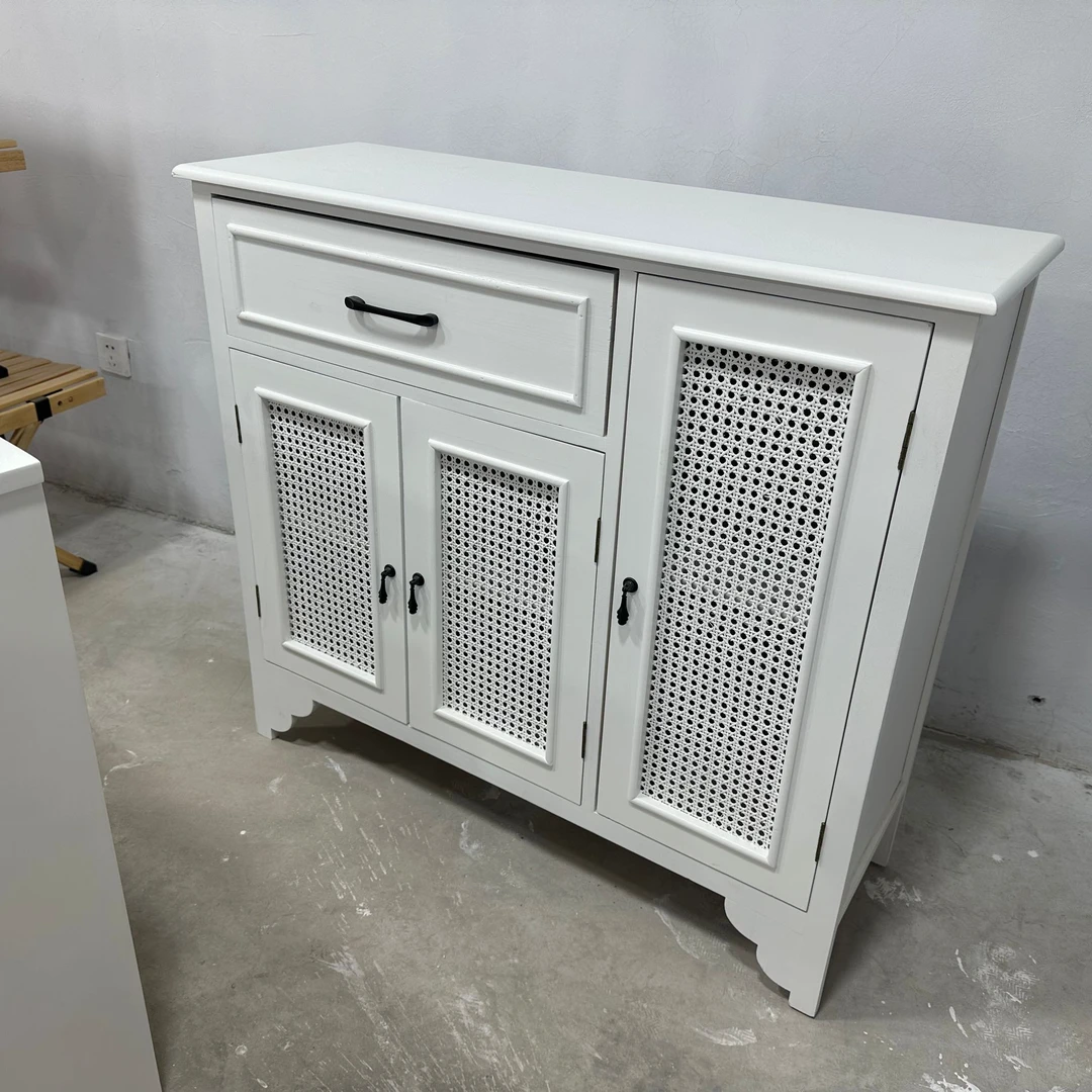 梧桐木 三门一抽藤编柜白收纳柜