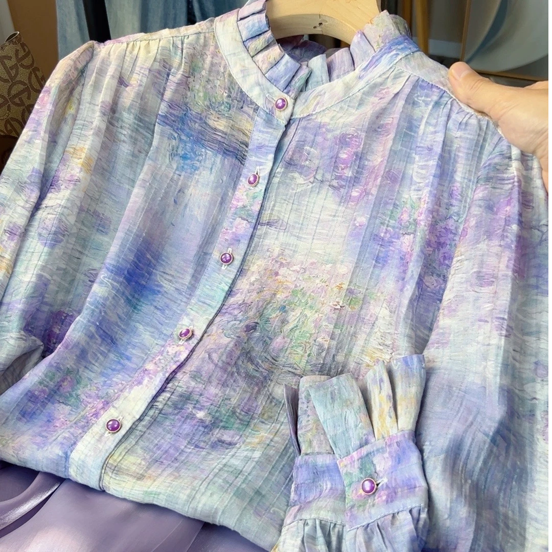 CS1238莫奈花园系列《紫霞》木耳花边领衬衫莱赛尔天丝面料