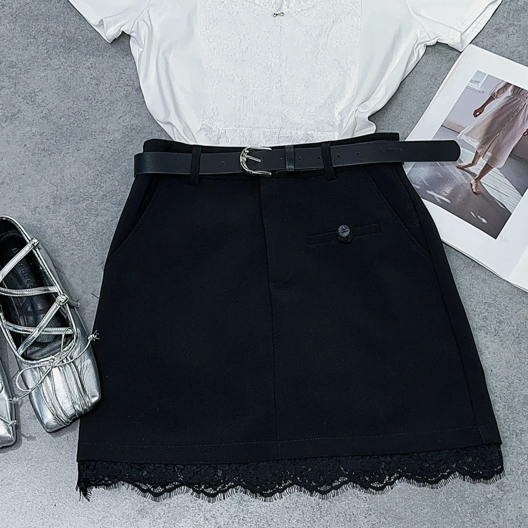 9187#夏季新款蕾丝边拼接西装裙气质高腰显瘦防走光短裙半身裙