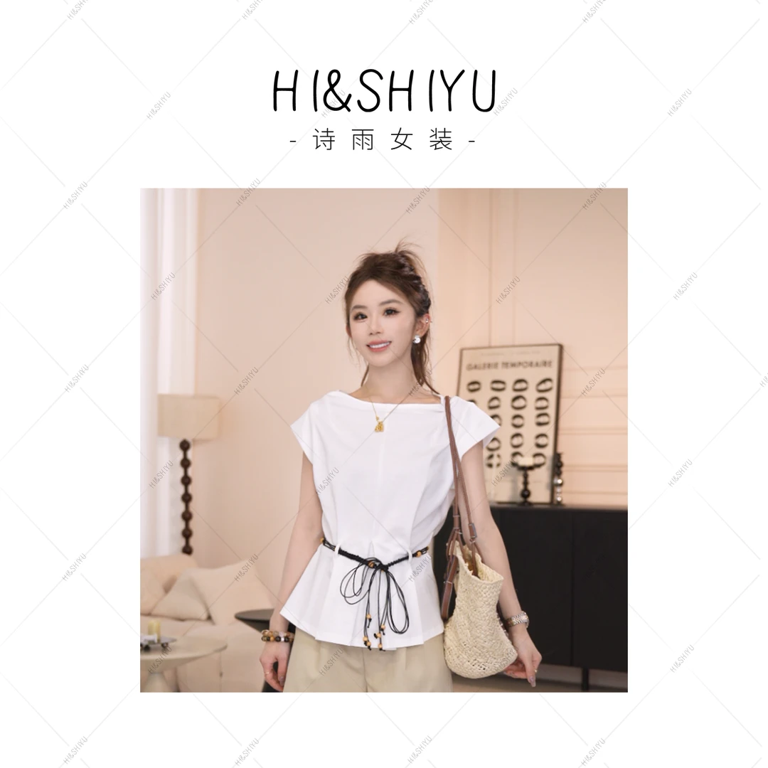 HISHIYU【米兰清晨】系绳带设计感简约通勤圆领短袖T恤上衣