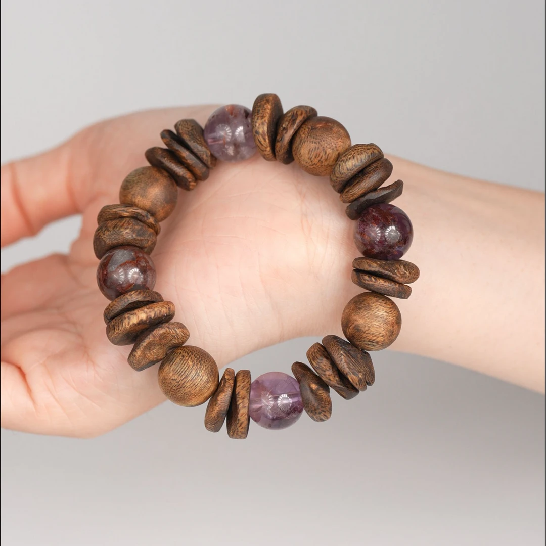 沉香「紫木流光」老料大圆珠沉水壳子沉香手串