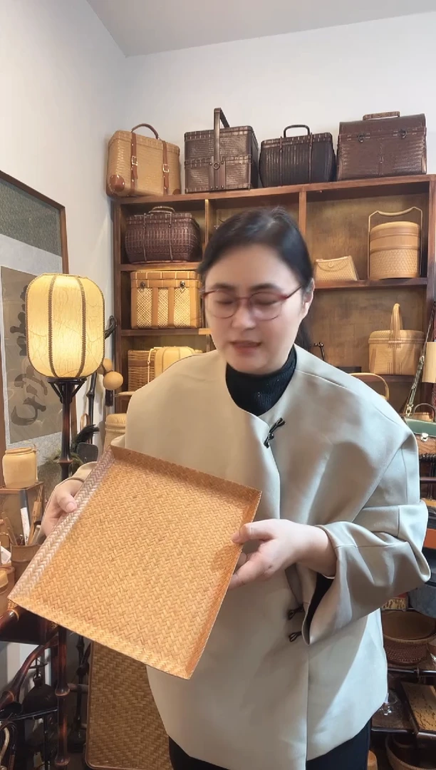 XJDG29大漆竹席正方形斜脚茶盘大