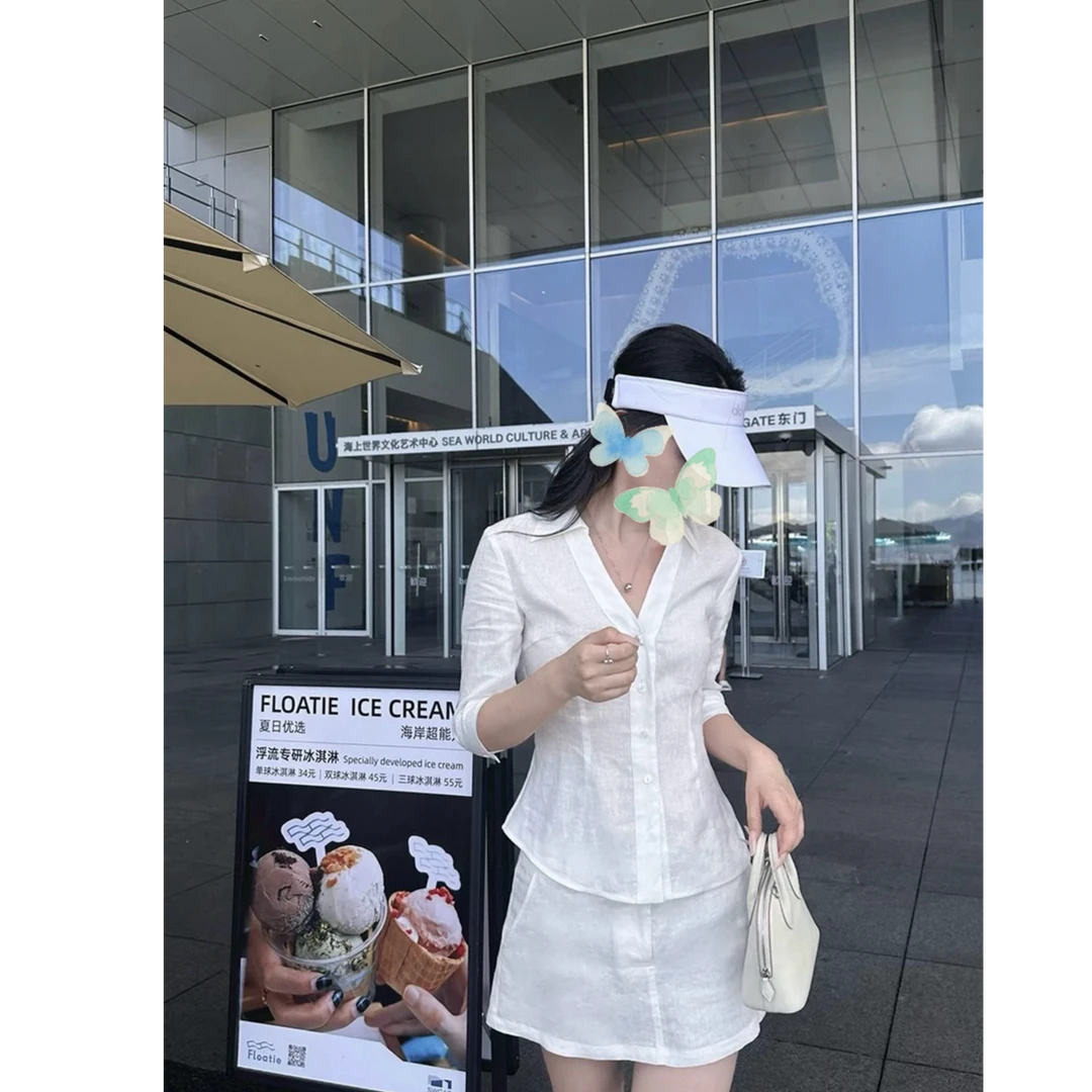 智性氧气感气质高质麻衬衫短裙套组休闲风时尚套装衬衫显瘦侘寂风