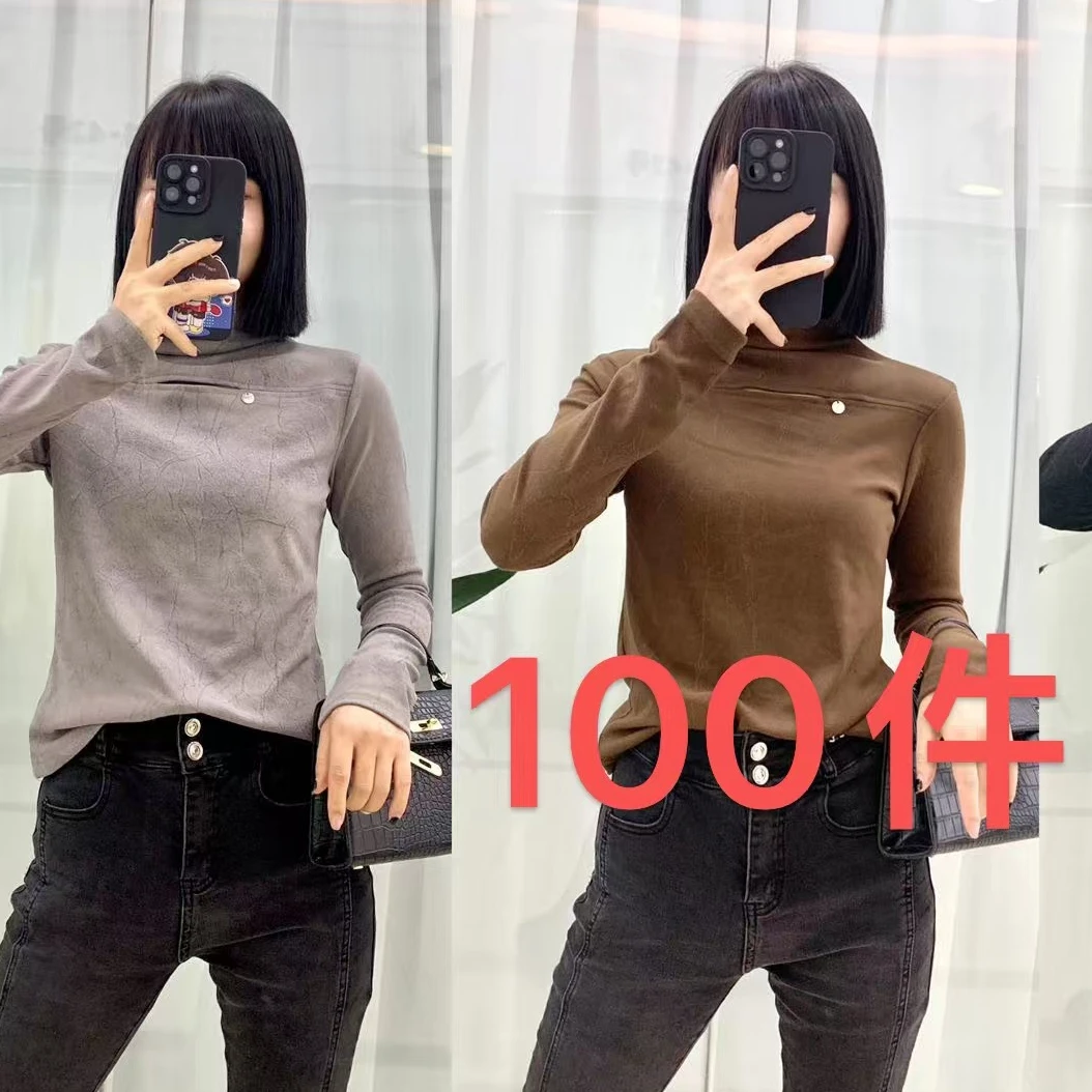 半高领扎染镂空长袖t恤打底衫女秋冬洋气内搭新款外穿上衣1107#