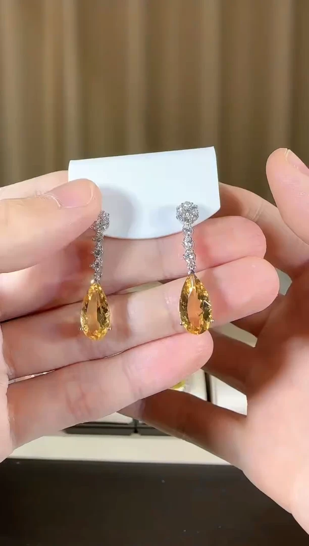 【闪购商品】黄晶耳饰银S925镶嵌8*14mm