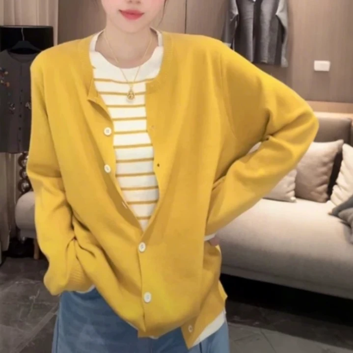 3876大码女装2025春季新款百搭条纹假两件休闲时尚圆领针织开衫女