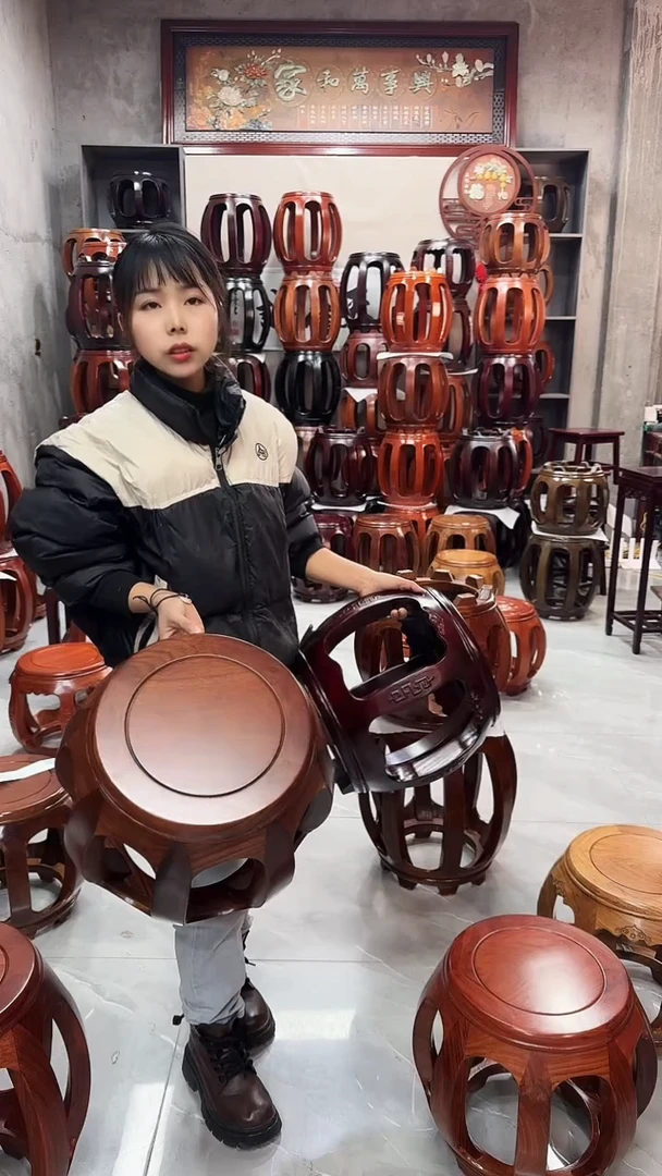 【闪购商品】花梨木类家具花梨木胡桃色小号鼓凳一对