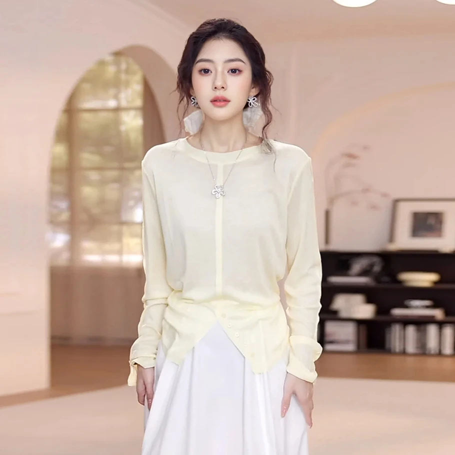 夏季新款休闲时尚百搭前开叉纯色防晒T恤女长袖设计感上衣5101