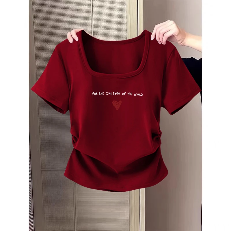 大码女装胖mm复古辣妹方领t恤女短袖2025新款修身显瘦褶皱上衣潮
