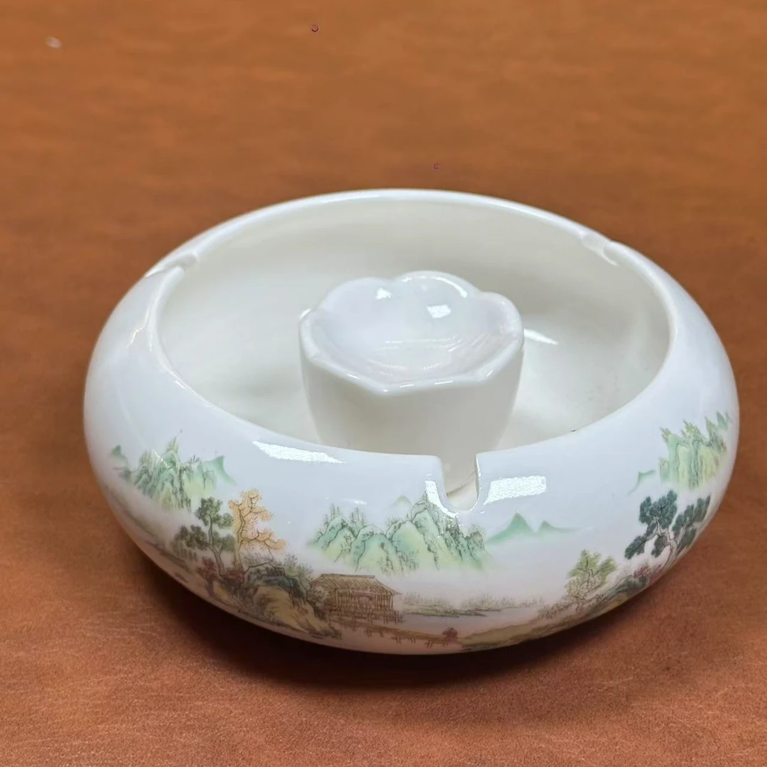 白瓷游春烟灰缸手绘家用茶杯家用茶杯手工复古创意陶瓷中式大号