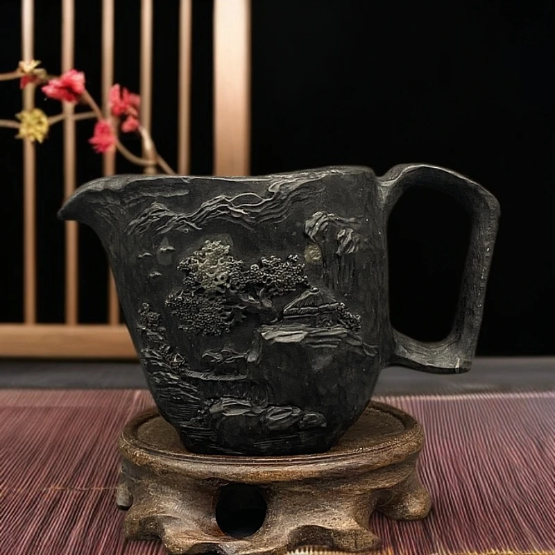 冰碛岩山水随型公道杯纯手工刻绘山居雅器茶海家用分茶器200毫升