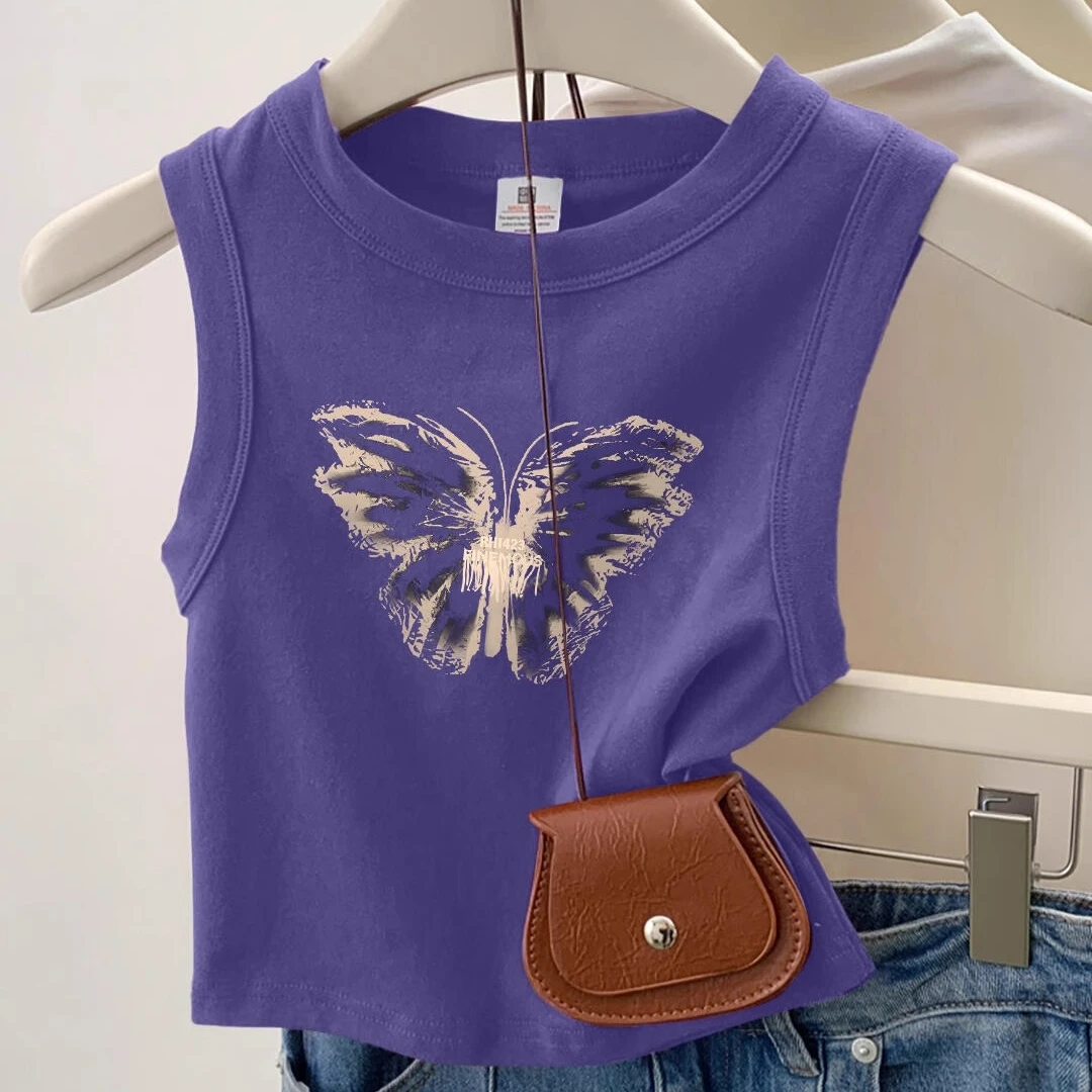 紫色蝴蝶印花吊带背心女2025夏季辣妹气质无袖内搭小上衣休闲百搭