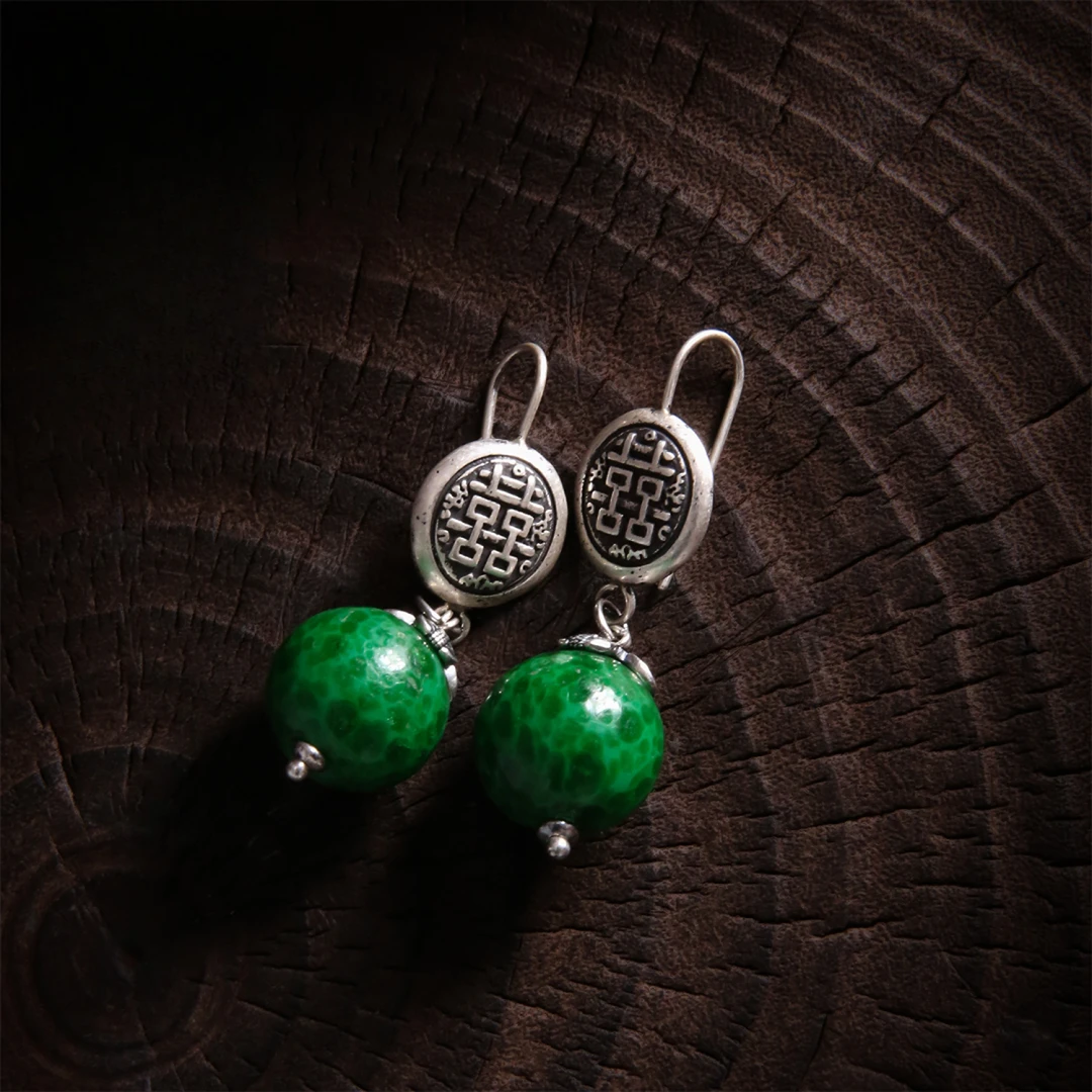 925银耳饰 E23896《秋梦》绿色水波纹古法琉璃圆珠双喜耳环