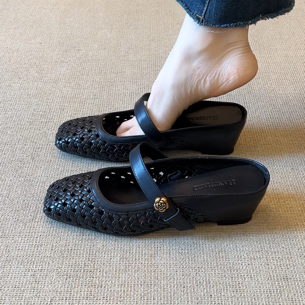 RubyL/5.5cm夏季编织镂空简约通勤风内增高纯色舒适百搭包头拖鞋