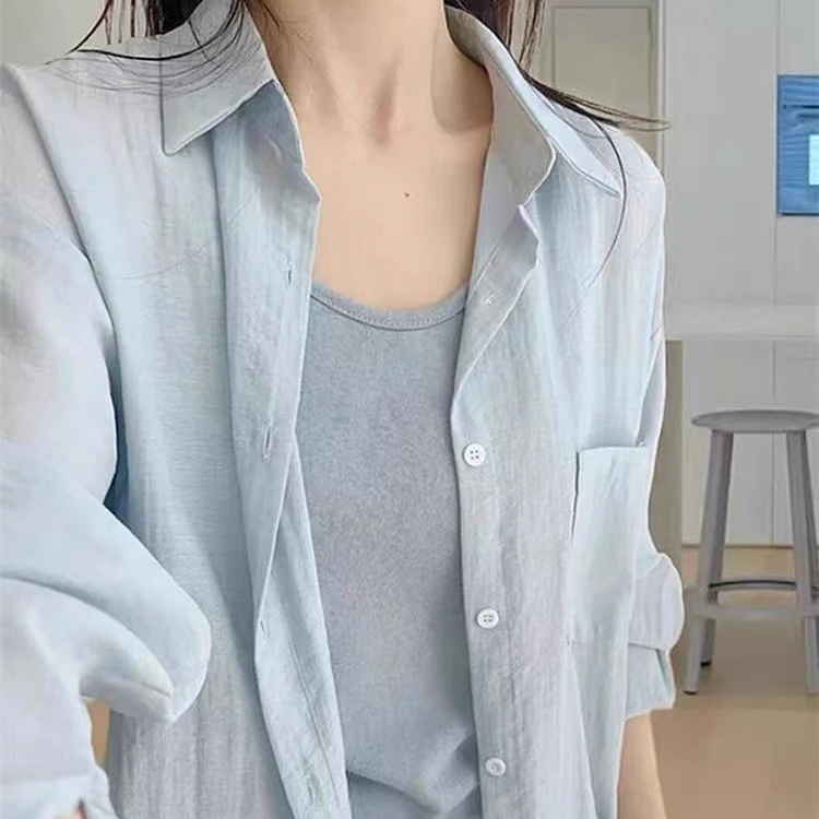 2025春季新款流行宽松简约百搭长袖防晒衬衫吊带背心两件套8035