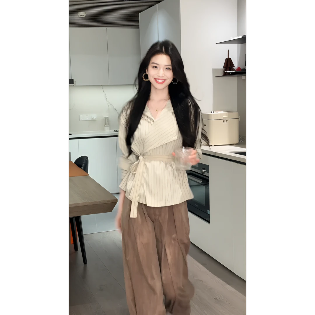 MARIE.COCO早秋季韩系设计感不规则衬衫上衣女高腰垂感休闲裤套装
