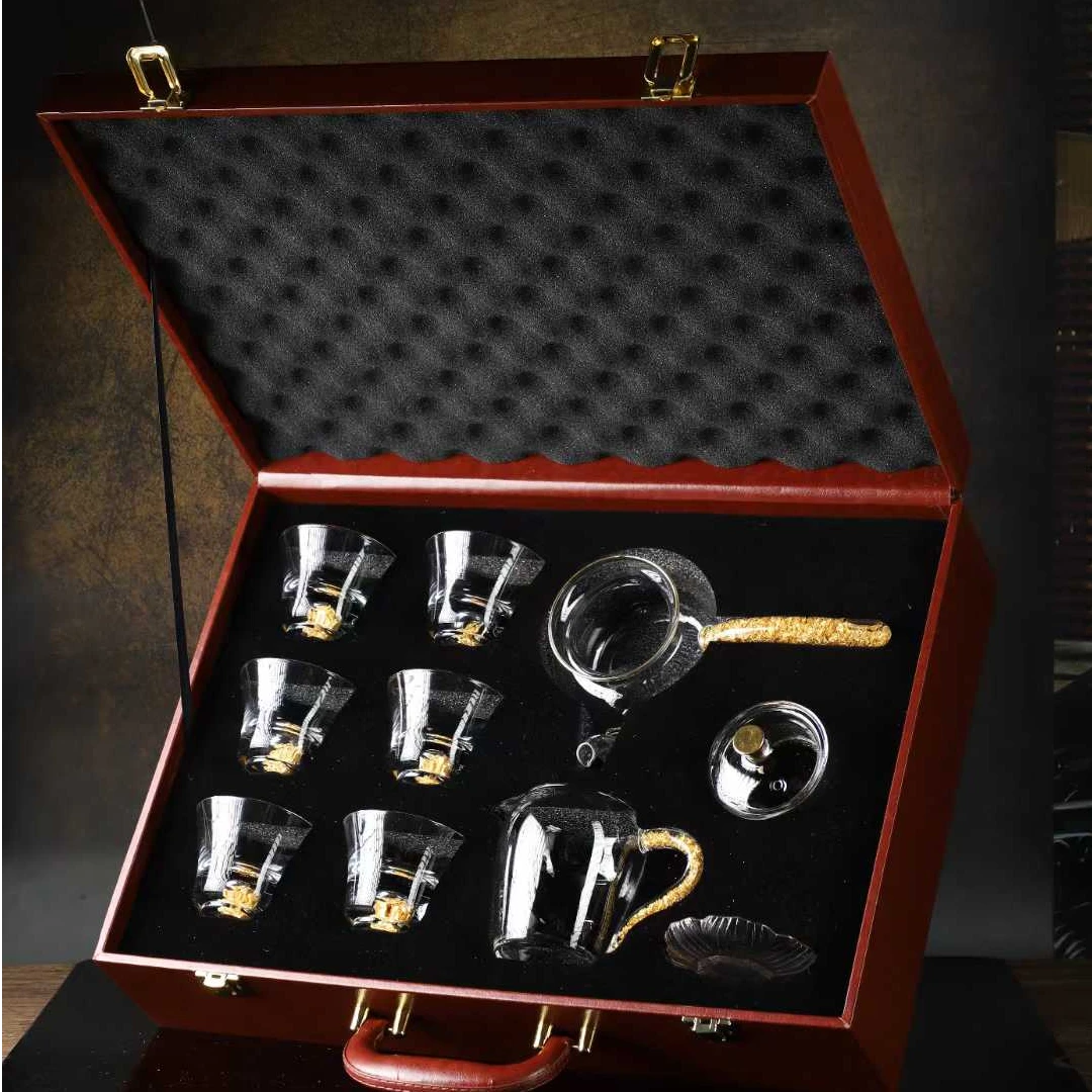 【祈福天下】高档玻璃茶具礼品木盒金箔套装纯手工祈福天下茶杯套装