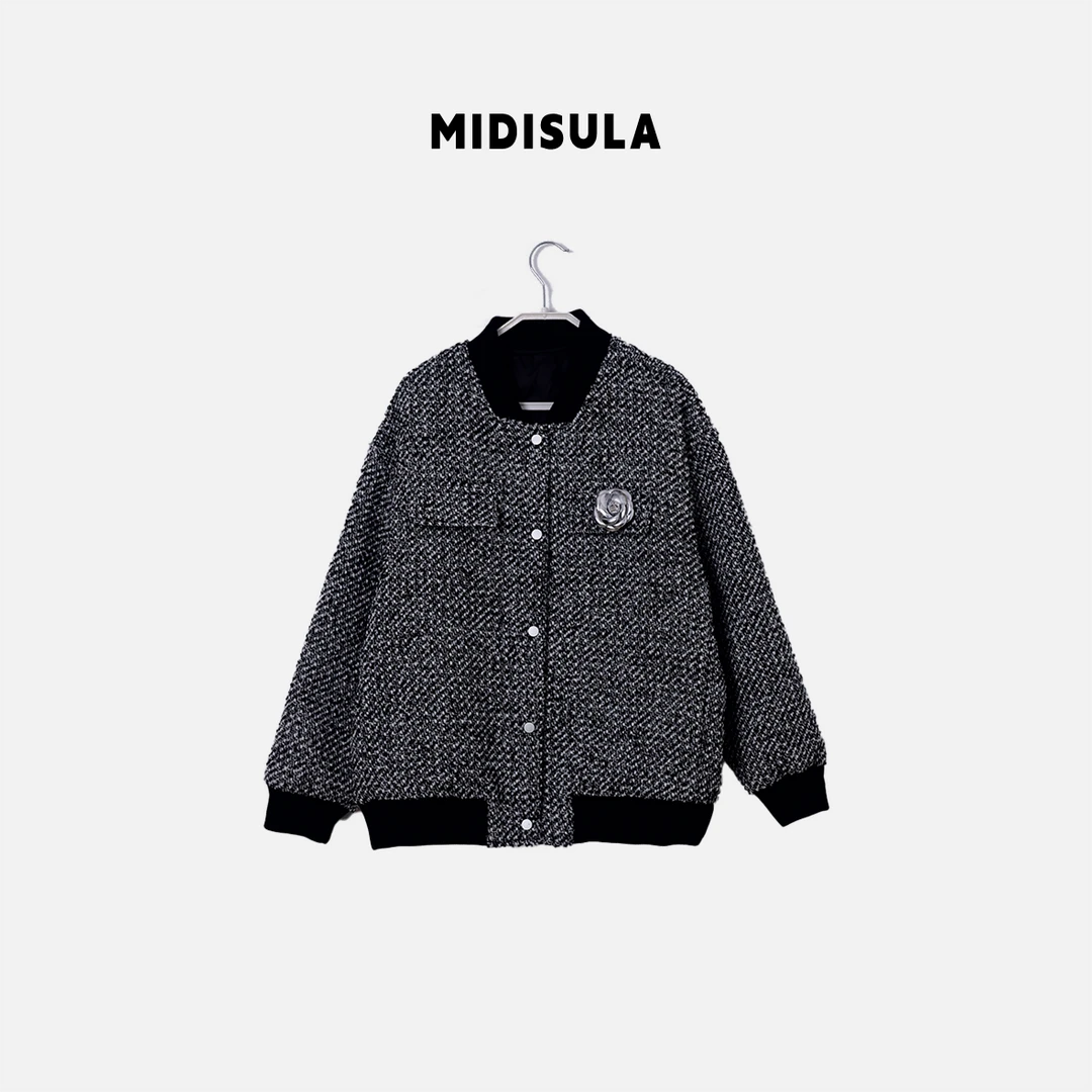 【H.MDSL】小香风短款立体小花胸针粗花呢毛呢外套#2104领拼色