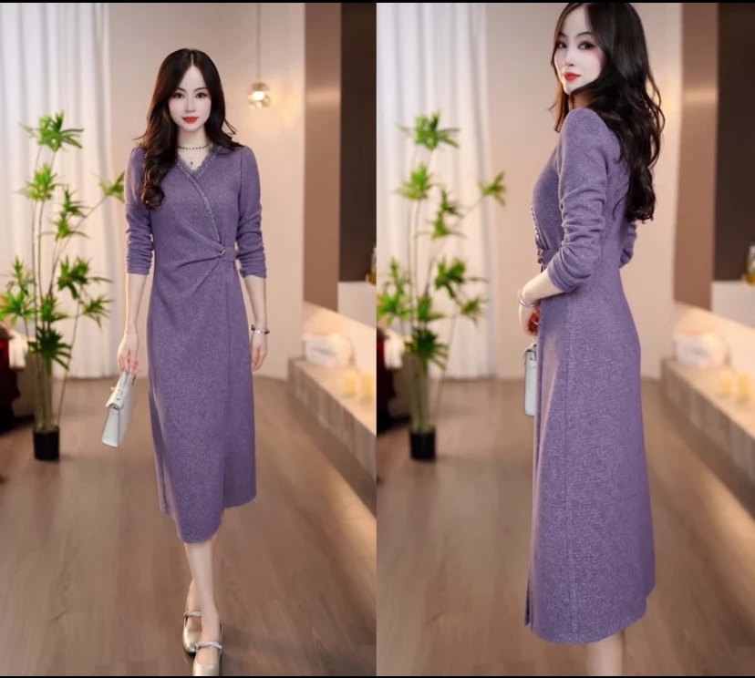 新品上新2025秋季新款烟紫色V领腰部扣带优雅大气收腰显瘦连衣裙