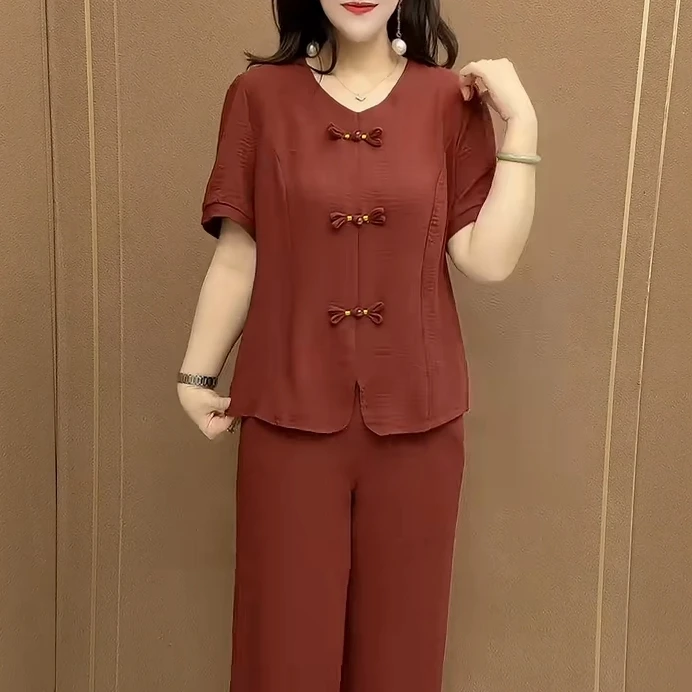 2025新款宽松休闲女装套装韩版百搭大码夏款短袖中老年妈妈两件套