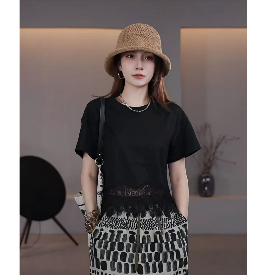 【LIbaibai】夏装2025年新款黑色镂空薄款短袖针织上衣BB-2495