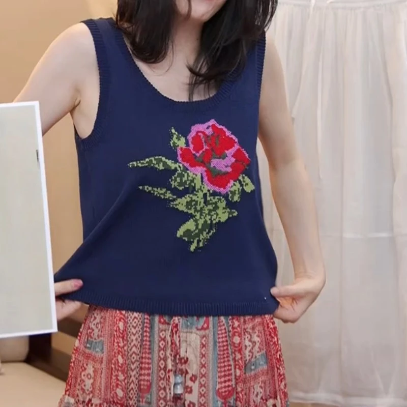 2025夏季新款时尚百搭U领玫瑰提花无袖针织衫LK2504208