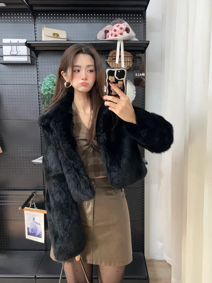 【老钱风】上东老钱全真兔毛皮草短外套显瘦2024冬新款毛毛外套