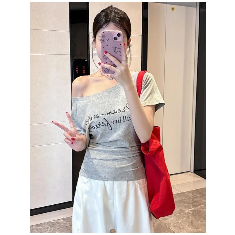 短袖T恤女夏季新款时尚字母印花宽松斜肩一字肩显瘦百搭上衣