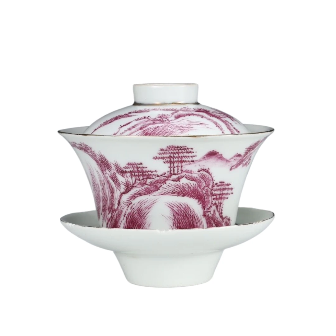 粉彩胭脂红山水纹三才盖碗0104