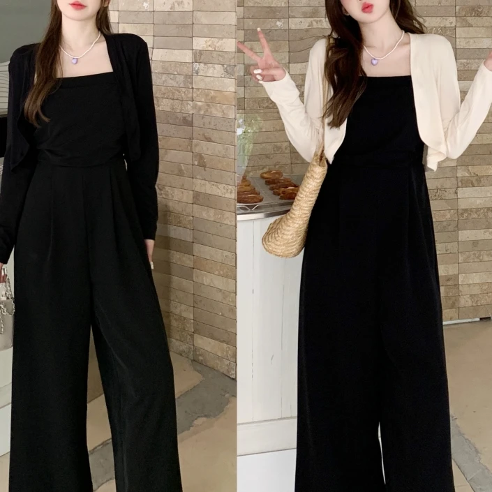 大码女装赫本风高级感套装春夏收腰显瘦连体裤微胖外搭披肩俩件套