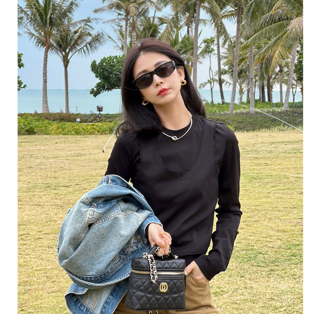 LYXZ x 大小与【晨露】春季新款字母花边背心假两件长袖T恤76158