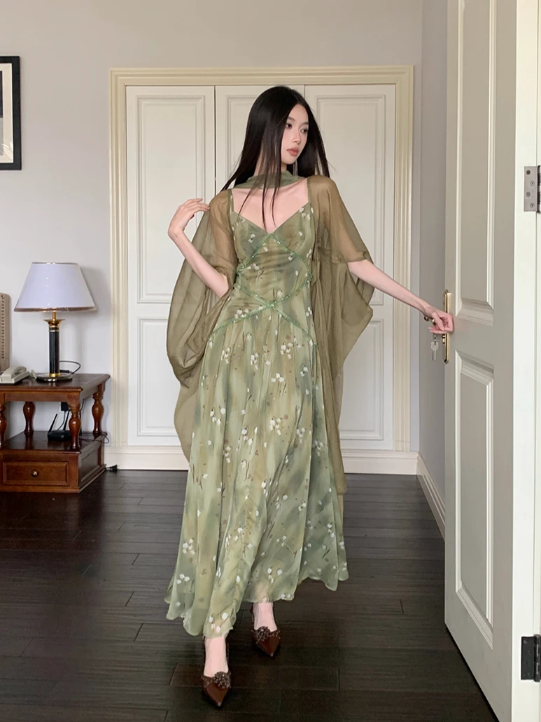 MOONSEE 复古绿野仙踪雪纺收腰吊带连衣裙女夏度假风轻薄开衫外套