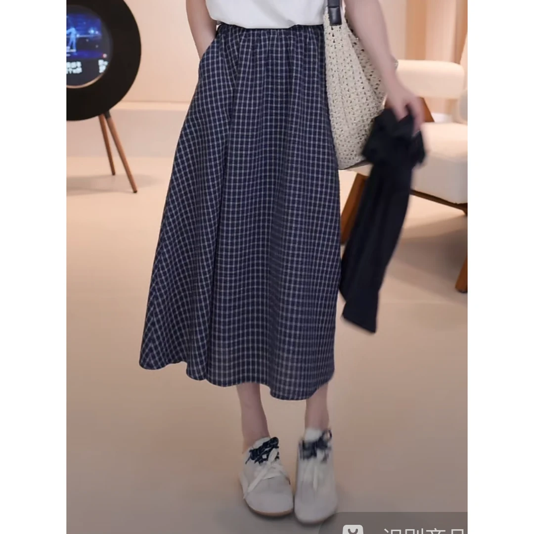 C04275中长款格子半身裙女夏季新款复古百搭气质显瘦遮肉A字伞裙