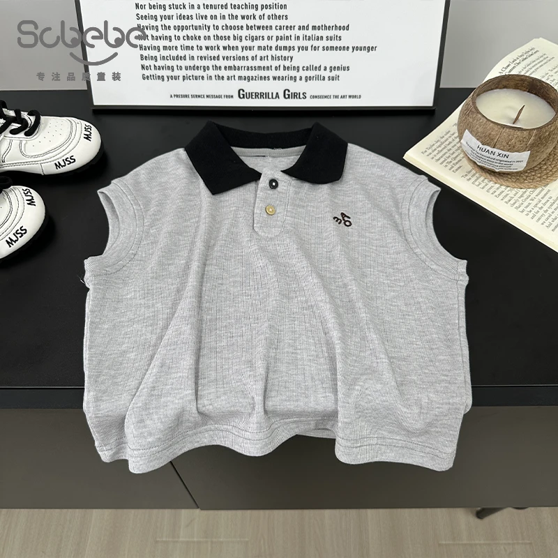 SCBEBE儿童背心夏季新款男童T恤韩版欧若风刺绣双扣翻领上衣AX906