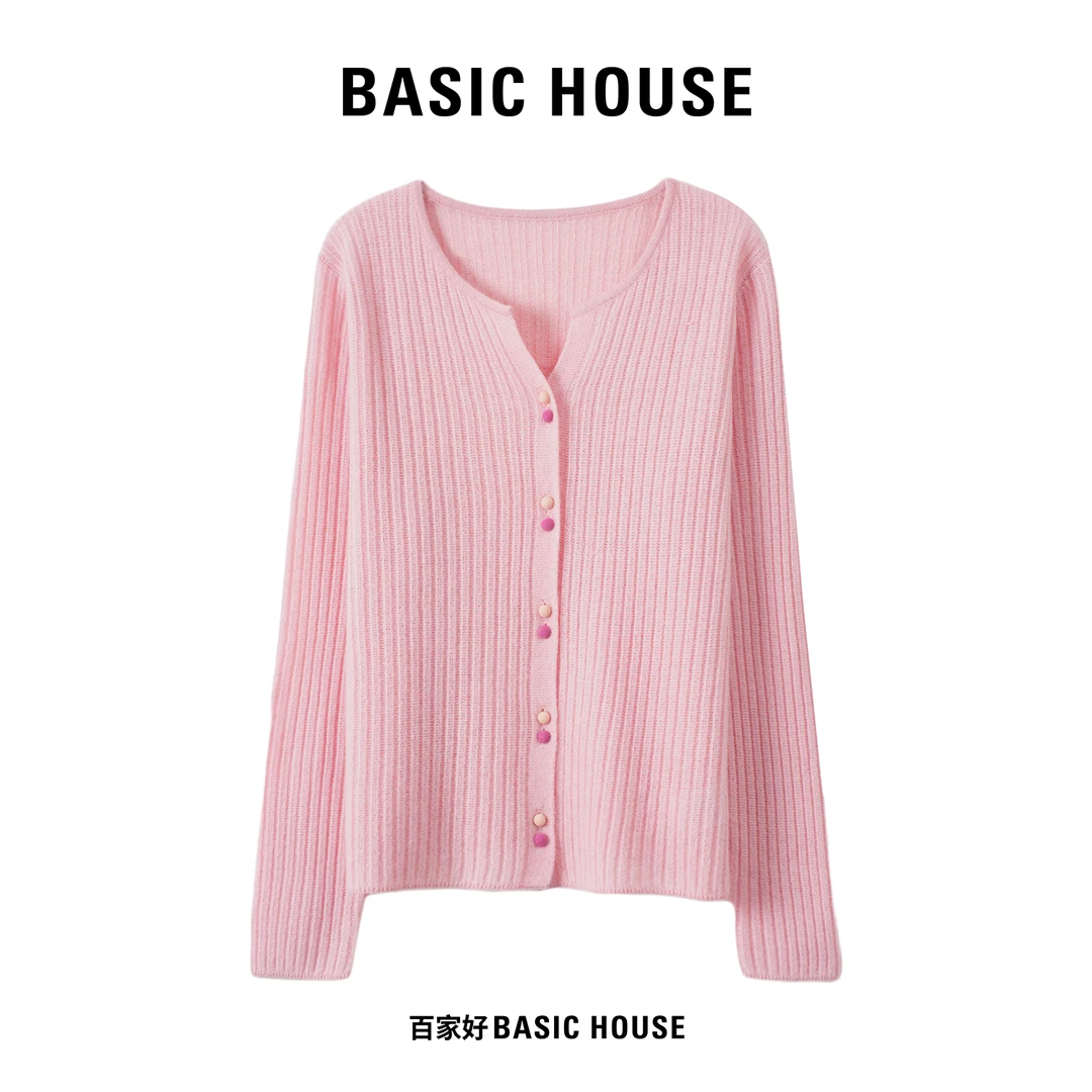 Basic House/百家好2025秋季花纱纹理感设计师粉色针织衫N852 XX
