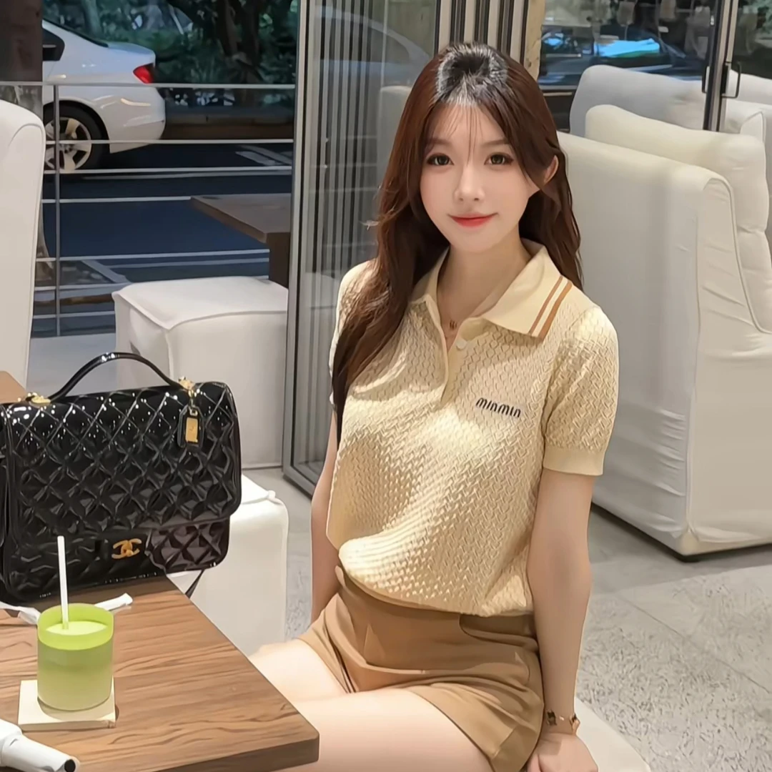 【微光记忆】时尚polo休闲百搭运动针织短港风复古镂空针织女上衣