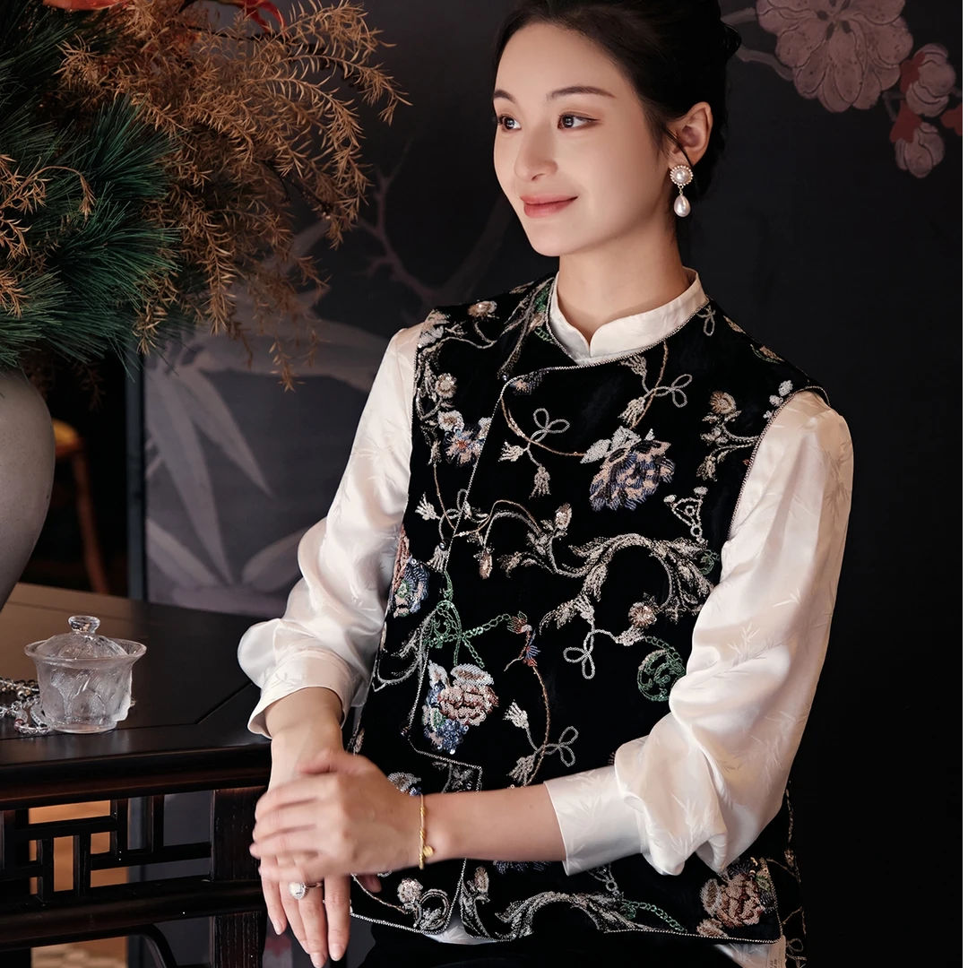 盛唐牡丹真丝加密缎亮片串珠偏襟马甲