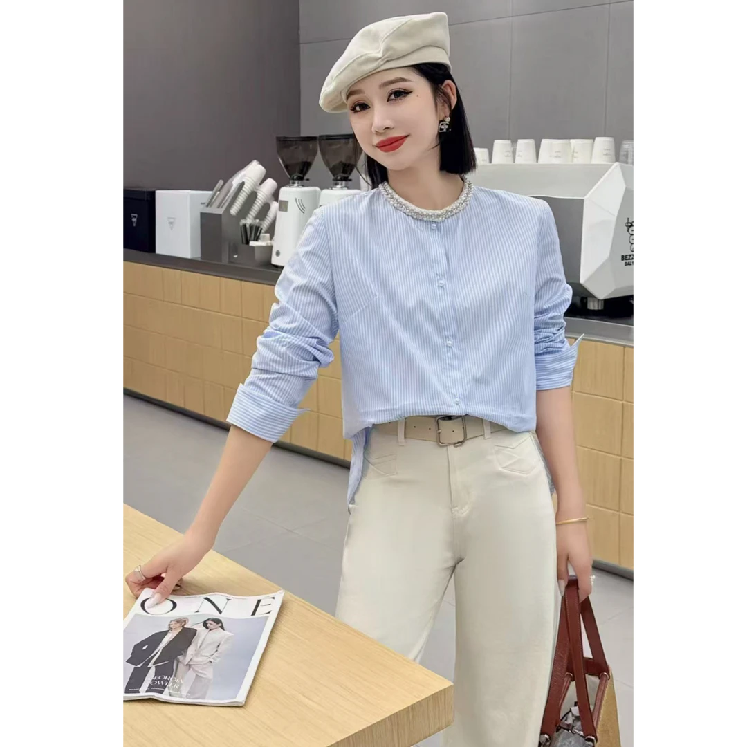 【苗姐优选】春季新款圆领亮片珠设计竖条纹拼色长袖棉衬衫LYE2568