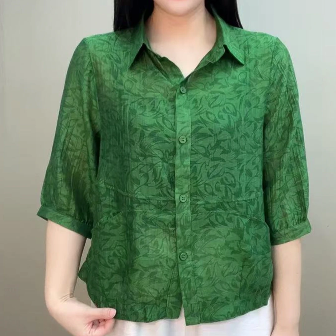 夏季高贵时尚爆款减龄百搭提花轻薄防晒小衫翻领妈妈宽松洋气衬衫