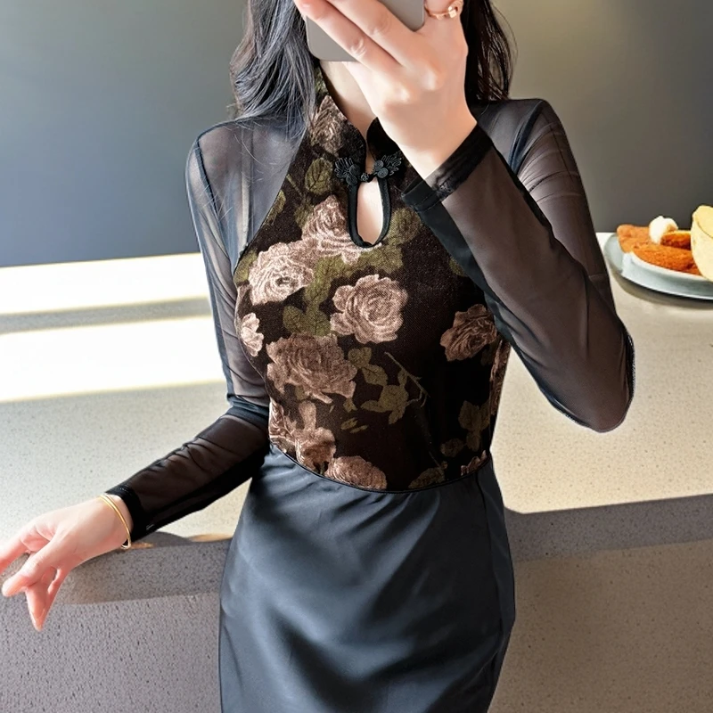 秋装女款爆款2025新款洋气高贵上衣网纱打底衫中国风独特漂亮小衫
