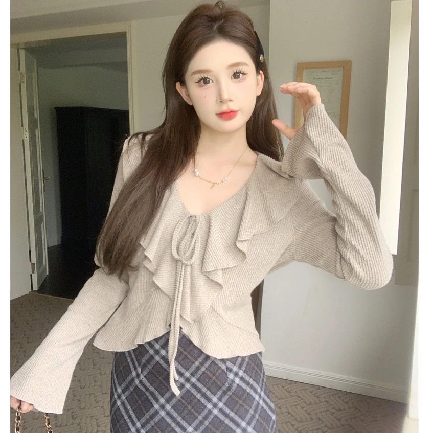 2025春装新款大码女装时尚显瘦V领荷叶边长袖针织衫百搭上衣8169