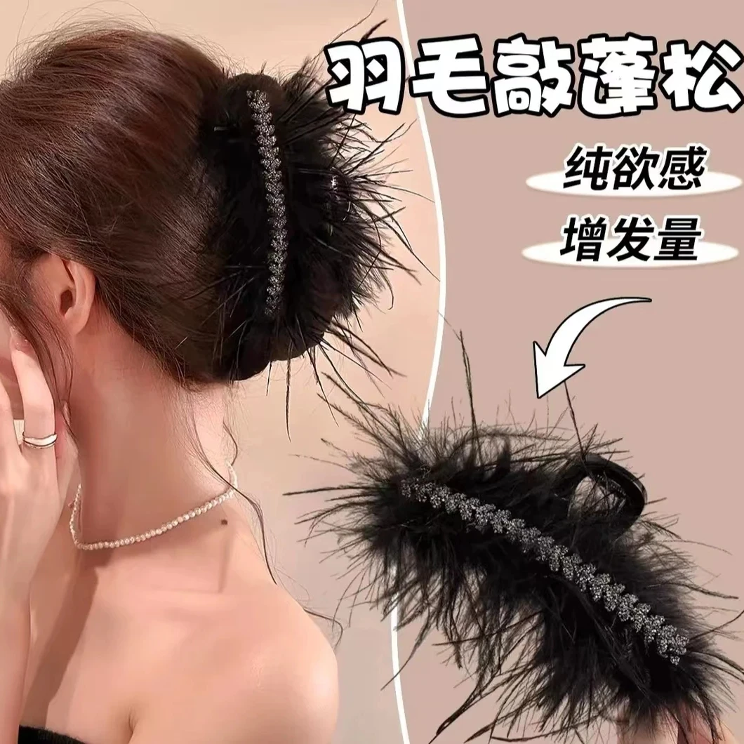 网红爆款水钻麦穗羽毛抓夹韩版百搭时尚后脑勺夹女鸵鸟毛手工发夹