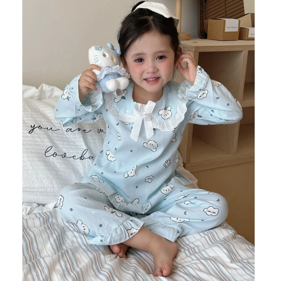 儿童睡衣女中大小童春秋季长袖蕾丝公主领花边韩版洋气家居服套装